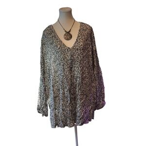 Terra & Sky 3X‎ Black White Print V Neck Long Sleeve Blouse Top